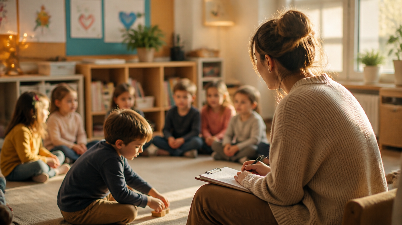 Psycholog obserwujący dziecko w grupie